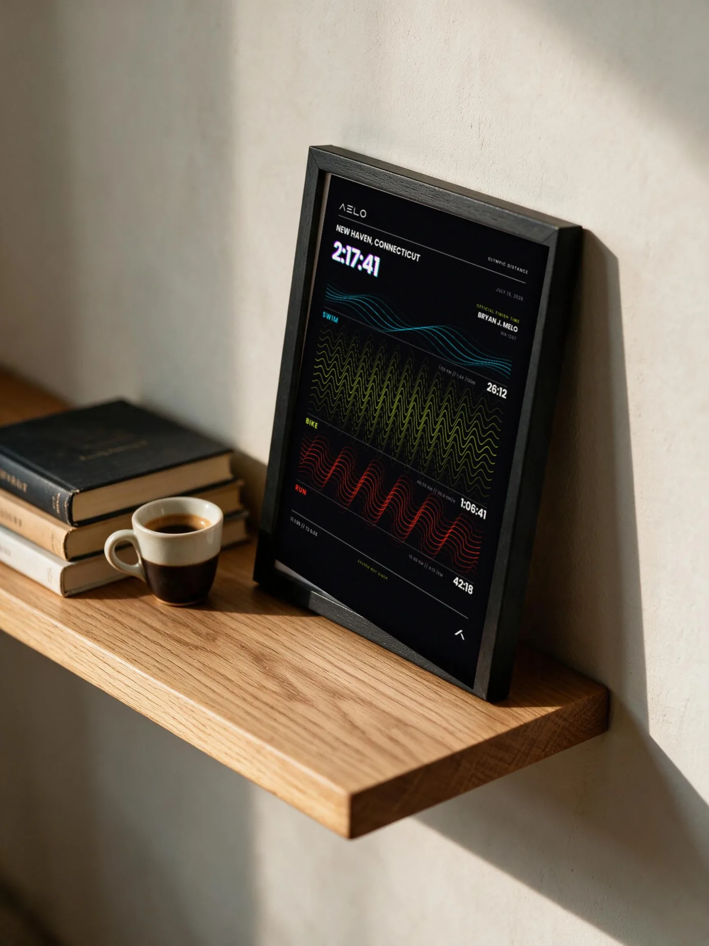 Onda design, framed, on a shelf