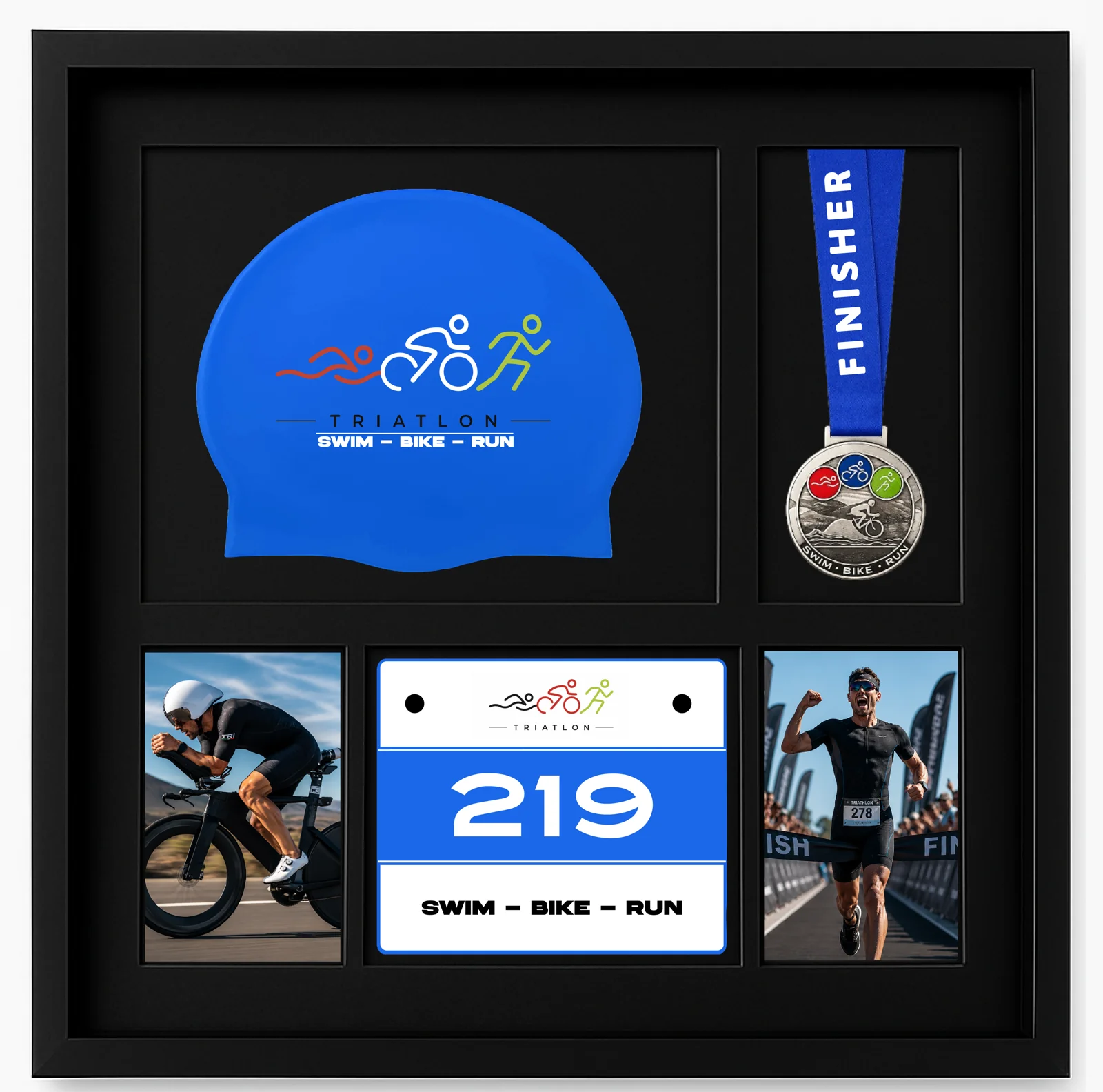 5-in-1 triathlon medal frame with swim cap, medal, bib and two photos