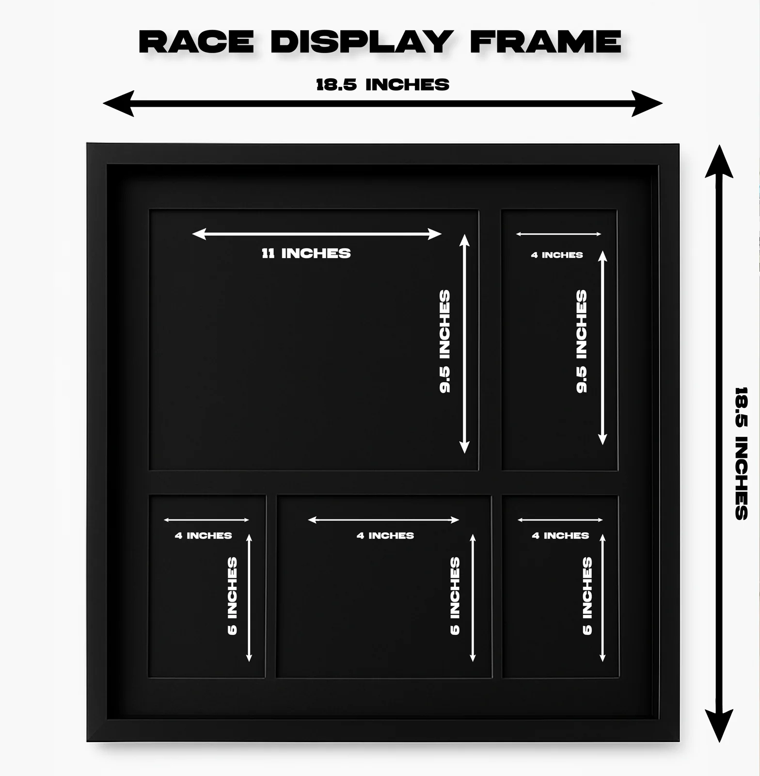 Frame dimensions: 18.5 by 18.5 inches; windows of 11 by 9.5, 4 by 9.5 and three of 4 by 6 inches