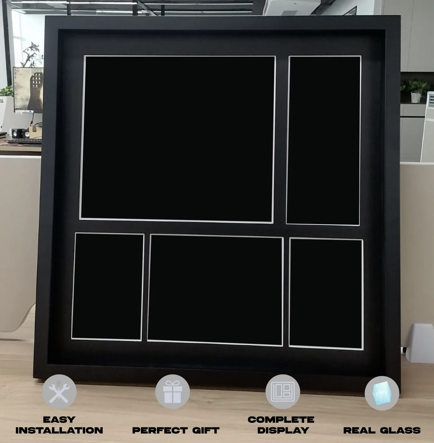 The empty frame on a desk, black mat on black frame