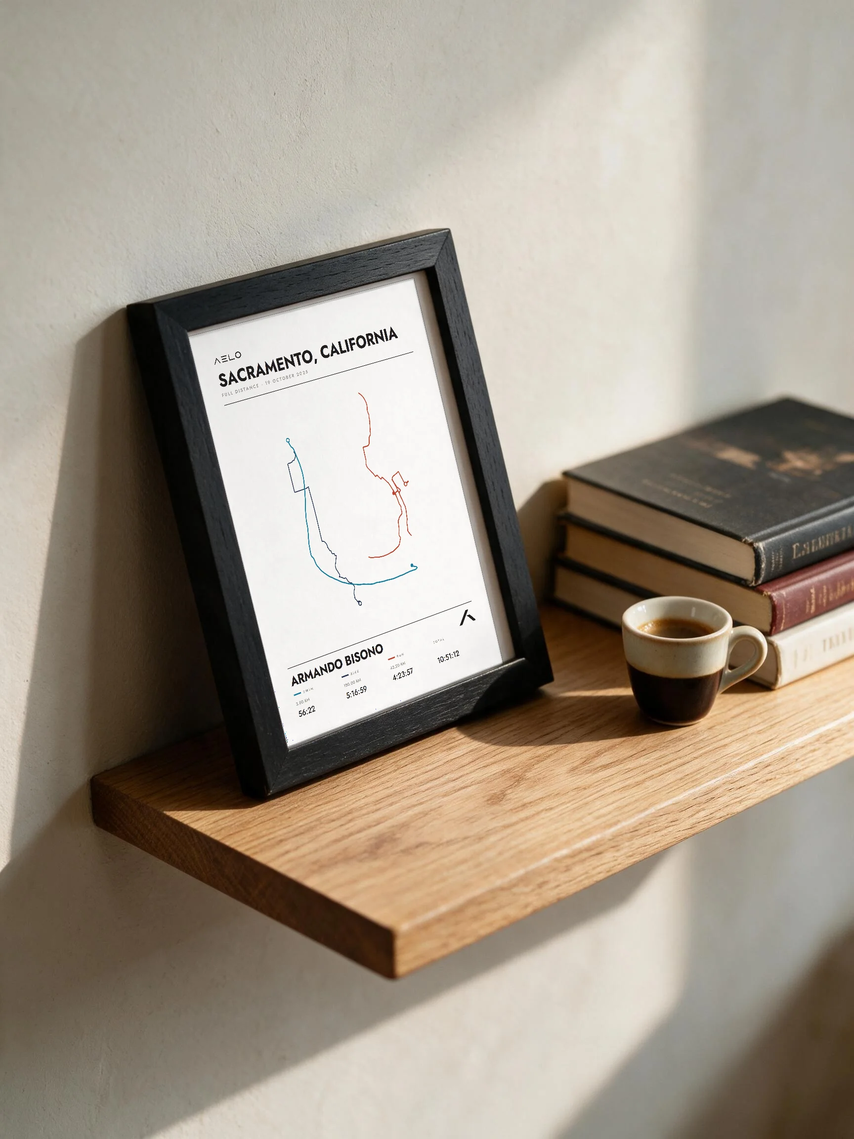 Full distance route poster, framed, on a wooden shelf