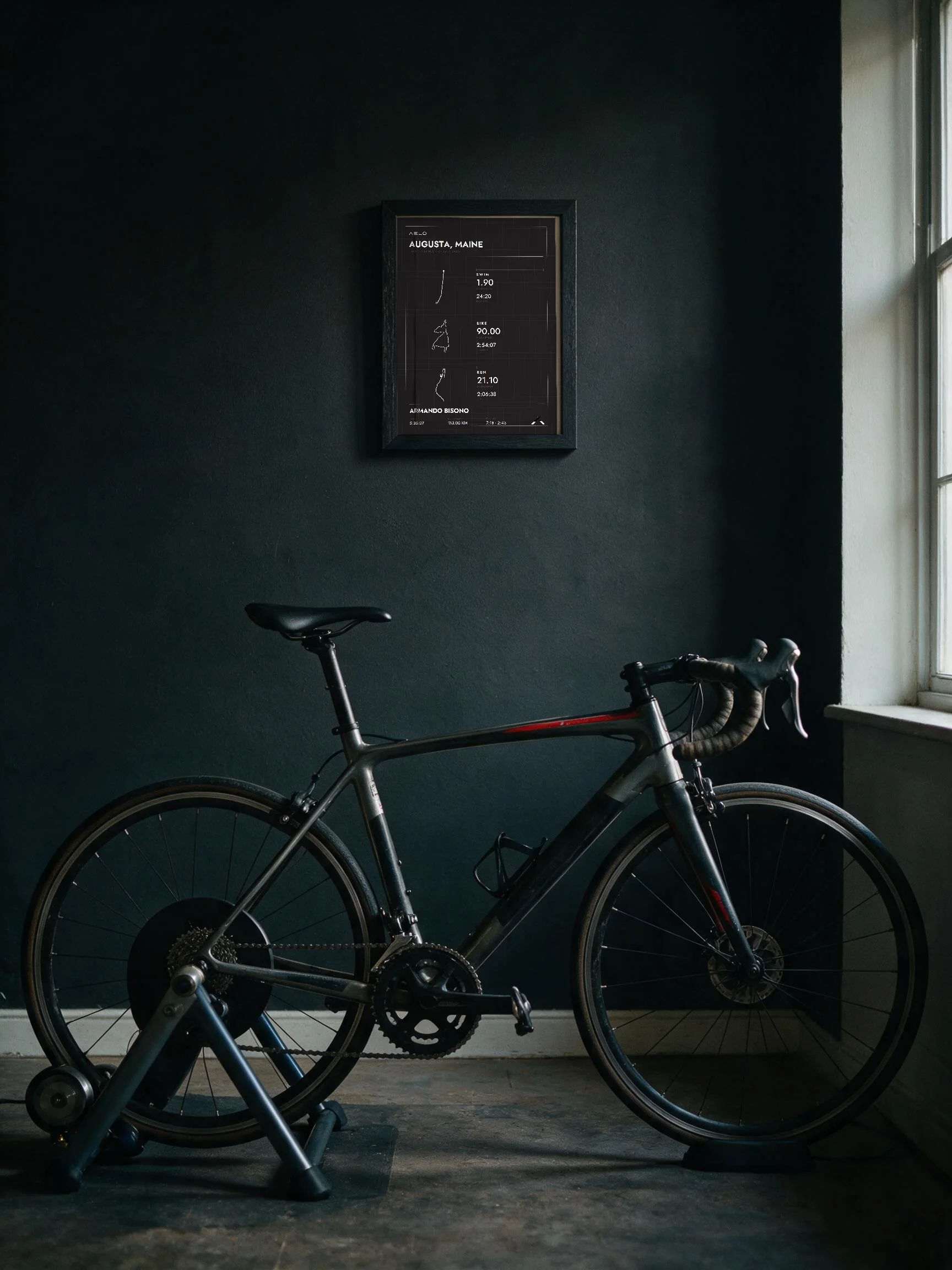 Blueprint style poster framed on a dark wall