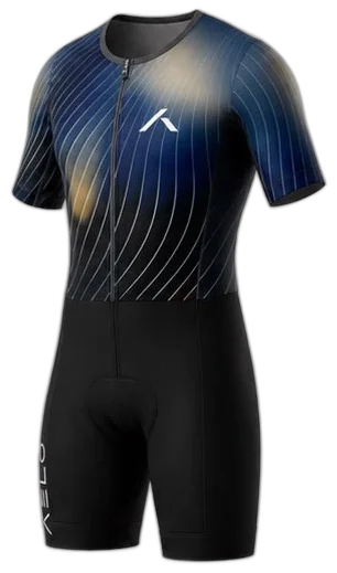AELO trisuit, navy graphic, three-quarter view